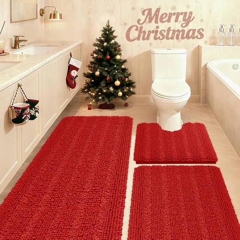 ACCUMTEK Christmas Striped Red Ultra Soft Bathroom Rugs and Mats Set 3 Pieces Bath Mat Set, Thick Chenille Bath Rugs Non Slip Bath Mats for Bathroom, Kitchen, Burgundy - Image 1
